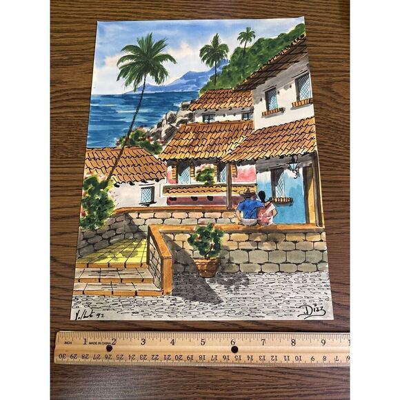 Original Signed 1992 Diaz Watercolor: Seaside Resort Mexico Central America Love - Picture 1 of 13